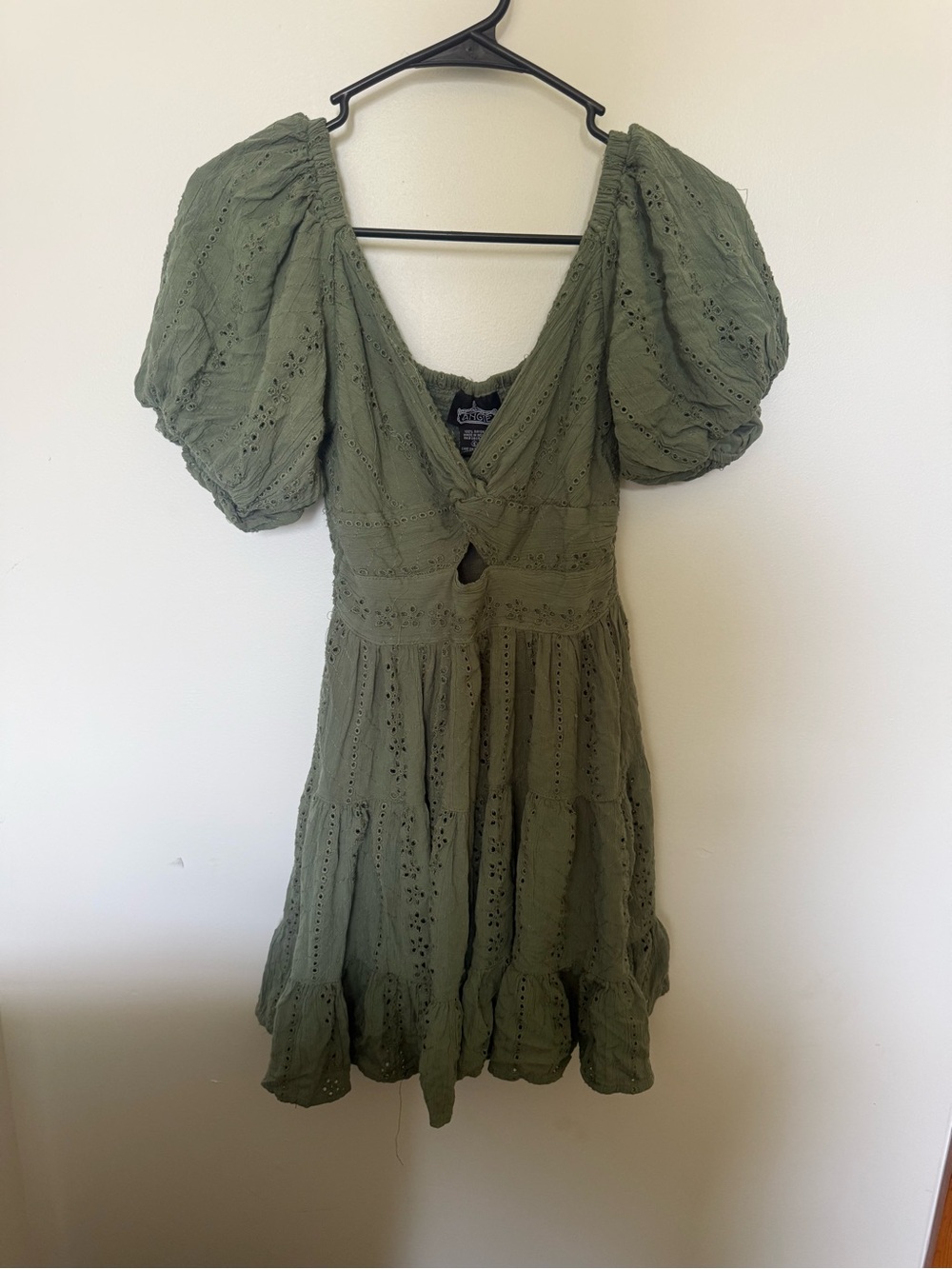 Olive Puff Sleeve Eyelet Mini Dress - Unknown Brand